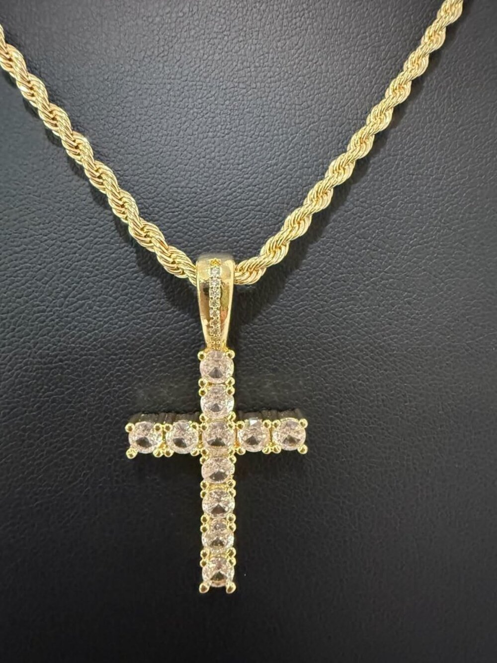 Tennis Style CZ Cross Pendant Necklace 24" Rope Chain Gold Silver Men Women - Picture 6 of 6